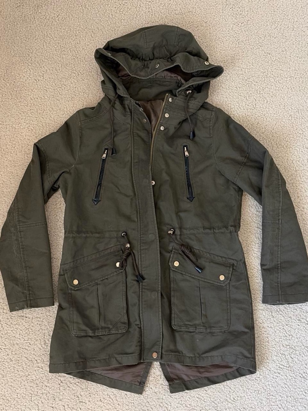 Bershka Olive Green Hooded Utility Trench Coat